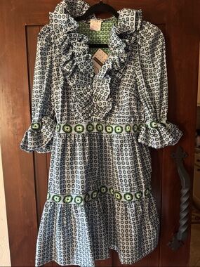 Gretchen Scott Designs Blue & Green Geometric Ruffle Mini Dress